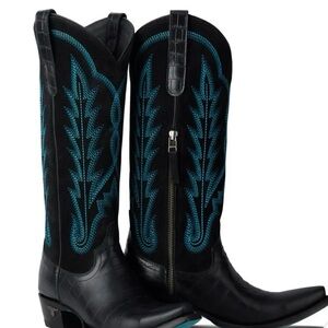 Black Suede Western Zip-Front Cowboy Boots with Teal Embroidery